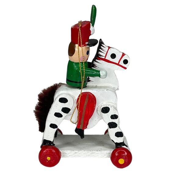 Vintage Wooden Christmas Ornament Toy Soldier on a Rolling Horse - Picture 8 of 9